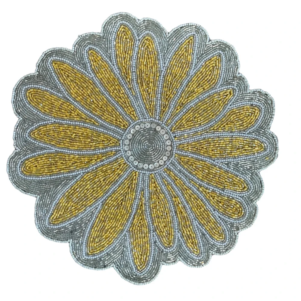 TAHARI HOME Glass Hand Beaded Charger Placemat Summer Yellow & White Floral NEW